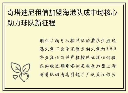 奇塔迪尼租借加盟海港队成中场核心助力球队新征程