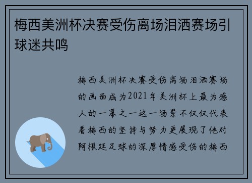 梅西美洲杯决赛受伤离场泪洒赛场引球迷共鸣 梅西美洲杯决赛受伤离场泪洒赛场引球迷共鸣