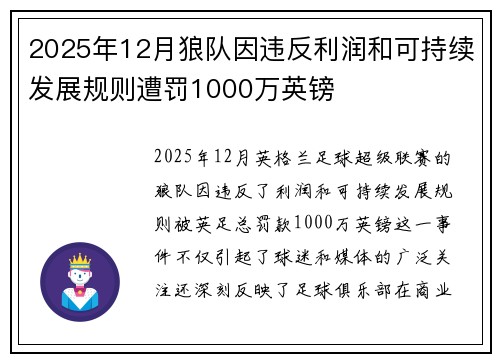 2025年12月狼队因违反利润和可持续发展规则遭罚1000万英镑 2025年12月狼队因违反利润和可持续发展规则遭罚1000万英镑