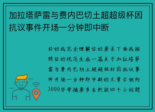 加拉塔萨雷与费内巴切土超超级杯因抗议事件开场一分钟即中断